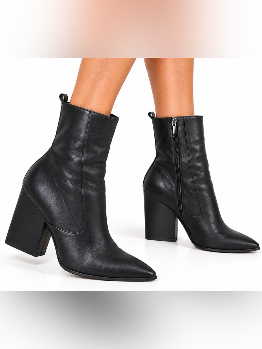 Bleecker & Bond Kailey Black Leather Pointed Toe Block Heel Boots Fall Moto 8.5